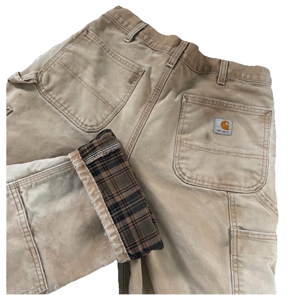 Vintage Carhartt Original Dungaree Fit Pants Mens Tan Flannel Lined Distressed‎